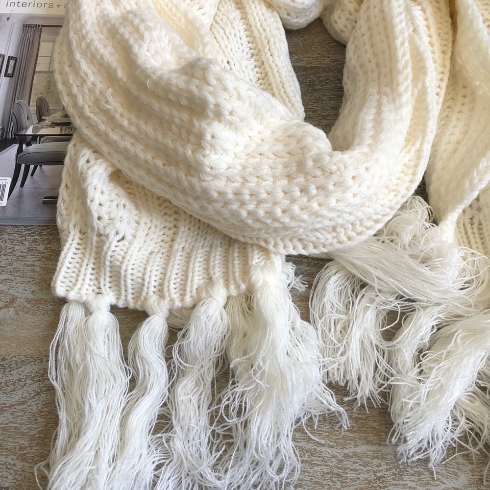 Treasure & Bond Fringe Cable Knit Scarf In Cream - Picture 2 of 4